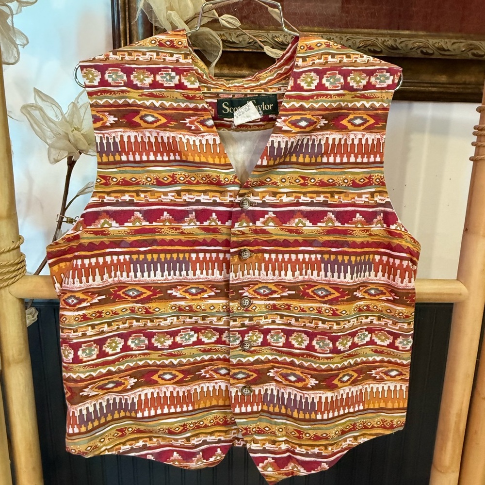 Vintage Scott Taylor Southwestern Aztec Tapestry Vest Boho Button Front~12💚🍄 - Picture 2 of 8